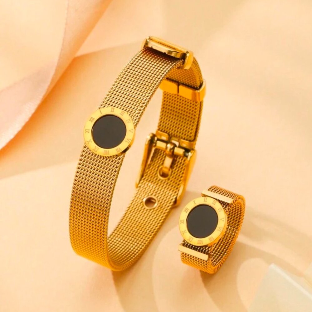 Elegant Stainless Steel Wire Mesh Belt Buckle Jewelry Set Bracelet & Ring Size 7